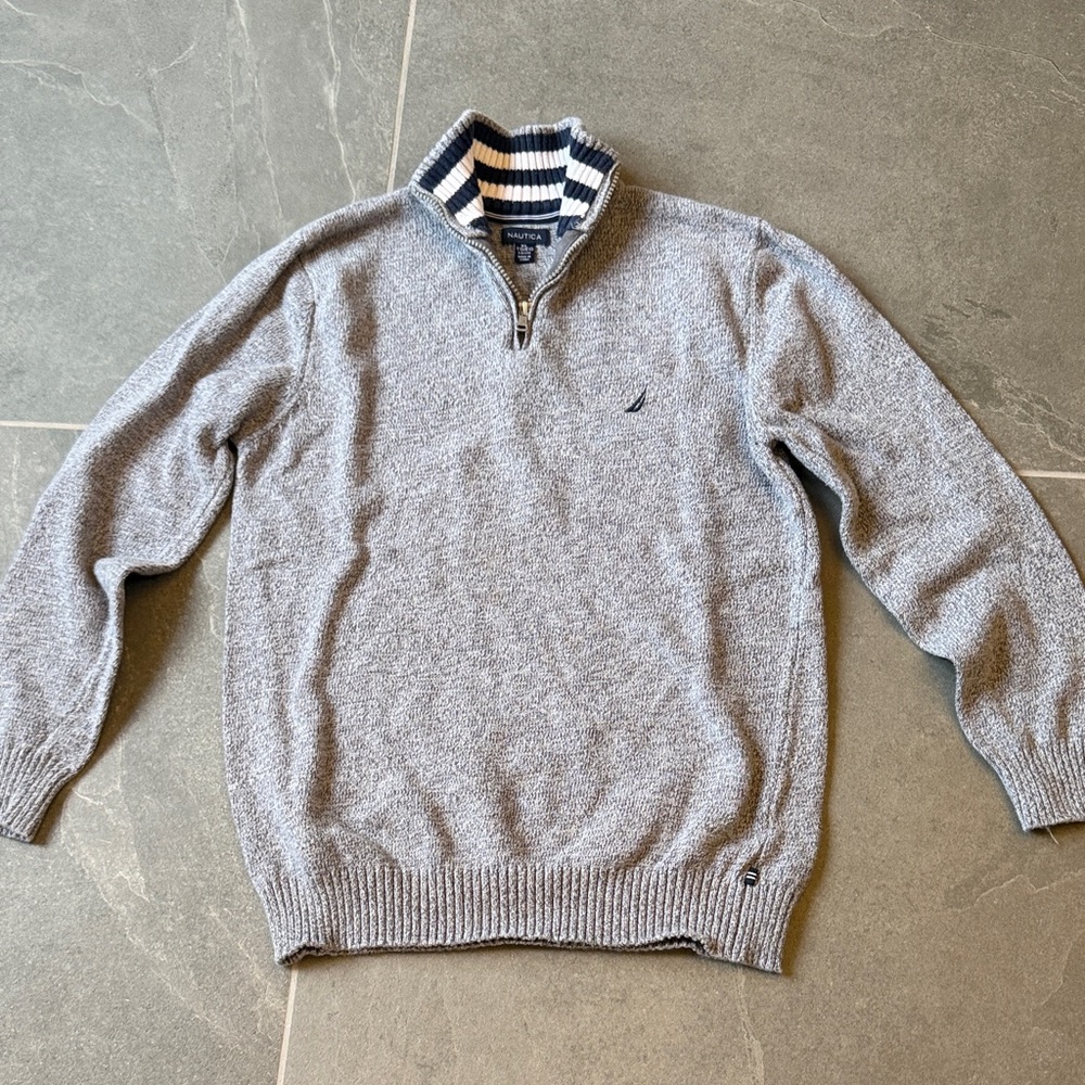 Nautica Big Boy/Kids Light Gray Quarter-Zip Sweater w/ Navy Blue Striped Collar
